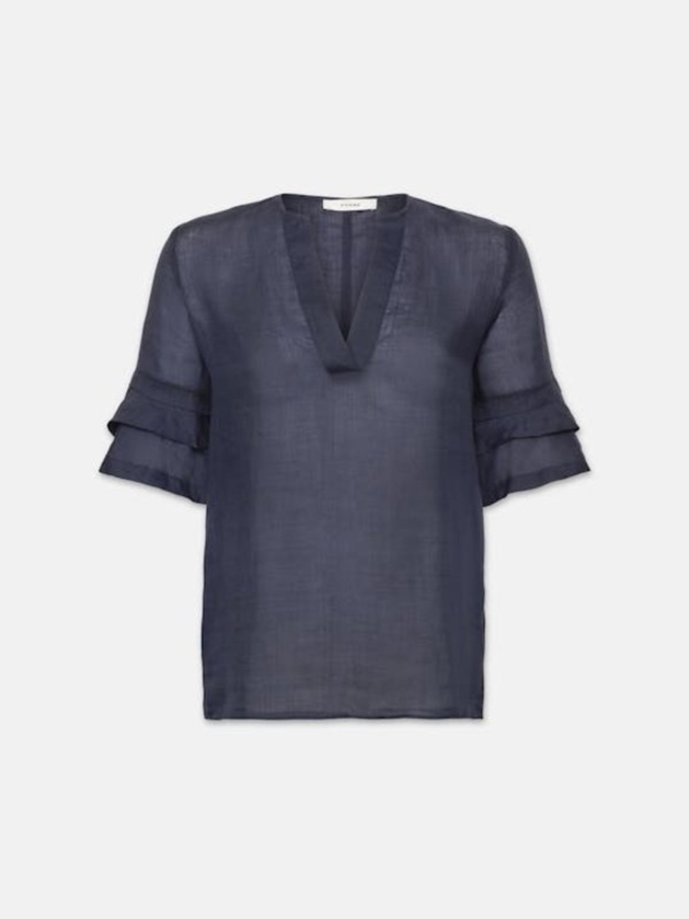 Frame Denim Navy Short Sleeve Silk Top with Tiered Sleeves
